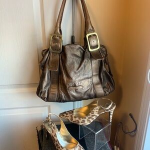 Bronze Leather shoulder hobo bag by Cole Haan